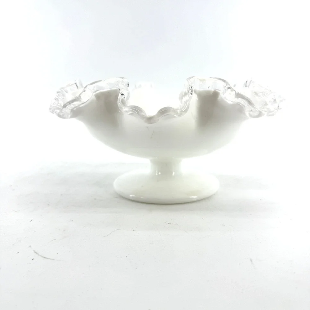 Vtg Fenton Silver Crest Milk Glass Compote Bowl Ruffled Edge Pedestal Candy Dish